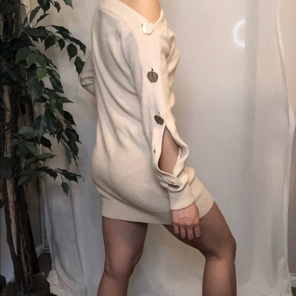 Cream One Shoulder Knit Sweater Dress with Gold Buttons - Picture 8 of 8